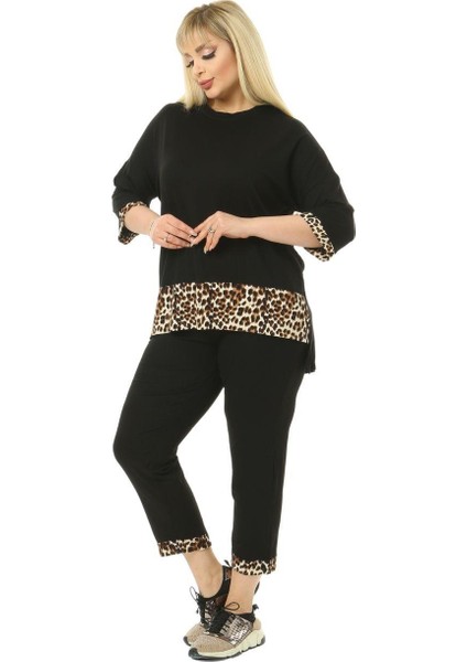 Butik Siyah Leopar Şeritli Büyük Beden Kadın Kapri Takımı modelleri