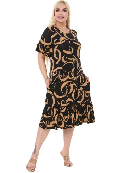 Butik Vizon Dalga Cepli Fırfırlı Kısa Kol Kadın Midi Elbise