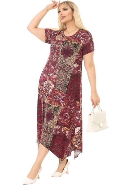 Butik Bordo Etnik Desen Asimetrik Kısa Kollu Uzun Elbise modelleri