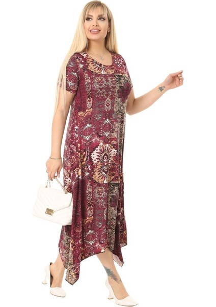 Butik Bordo Etnik Desen Asimetrik Kısa Kollu Uzun Elbise fırsatları