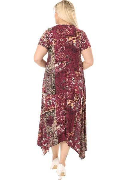 Butik Bordo Etnik Desen Asimetrik Kısa Kollu Uzun Elbise indirimleri