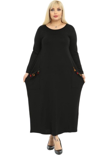 Butik Püsküllü Cepli Kadın Uzun Kollu Siyah Tesettür Elbise