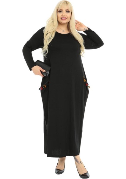 Butik Püsküllü Cepli Kadın Uzun Kollu Siyah Tesettür Elbise