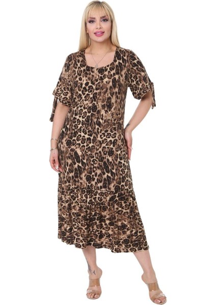 Butik Büyük Leopar Bağlamalı Kısa Kollu Kadın Midi Elbise