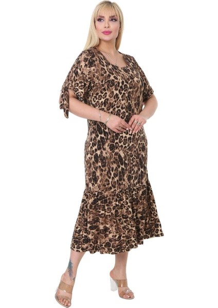 Butik Büyük Leopar Bağlamalı Kısa Kollu Kadın Midi Elbise