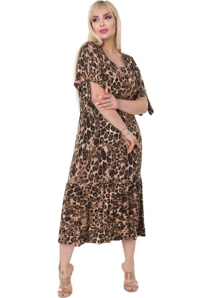 Butik Büyük Leopar Bağlamalı Kısa Kollu Kadın Midi Elbise