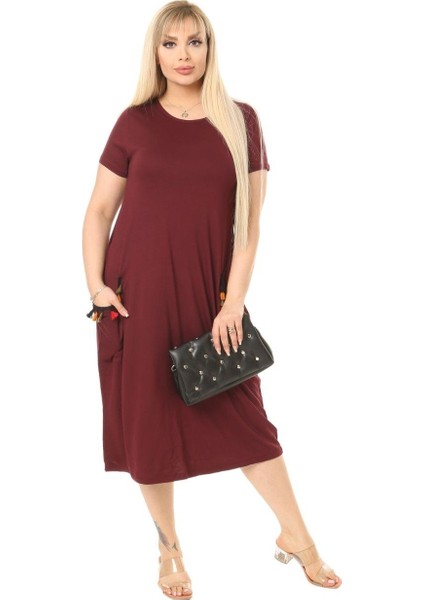 Butik Püsküllü Cepli Kısa Kollu Bordo Midi Elbise