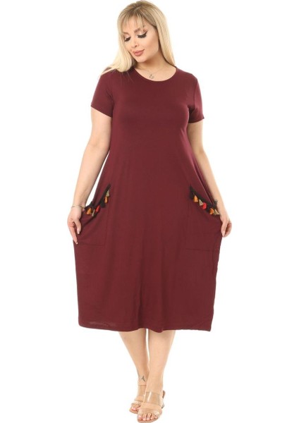 Butik Püsküllü Cepli Kısa Kollu Bordo Midi Elbise