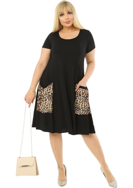 Butik Balon Cepli Leopar Desen Kısa Kollu Midi Elbise