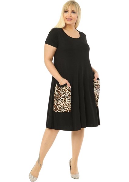 Butik Balon Cepli Leopar Desen Kısa Kollu Midi Elbise modelleri