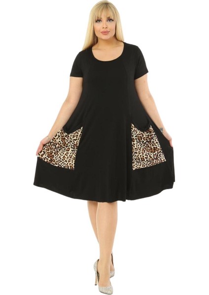 Butik Balon Cepli Leopar Desen Kısa Kollu Midi Elbise indirimleri