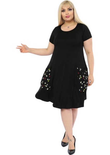Butik Balon Cepli Papatya Desen Kısa Kollu Midi Elbise