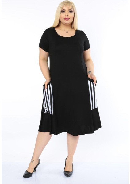 Butik Balon Cepli Çizgi Desen Kısa Kollu Midi Elbise fiyatları