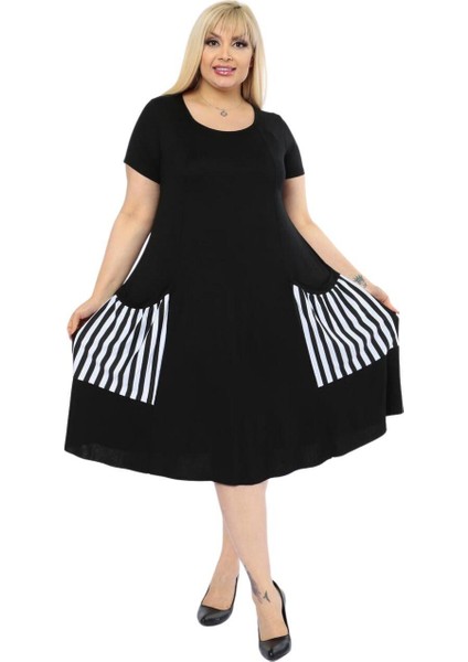 Butik Balon Cepli Çizgi Desen Kısa Kollu Midi Elbise modelleri