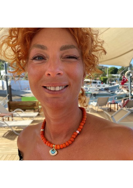 Turuncu Bodrum Boncuk Göz Kolye