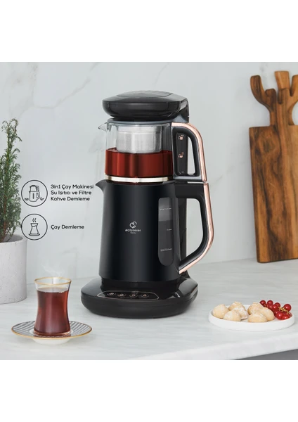 Çaysever Robotea 3 in 1 Konuşan Otomatik Çay Makinesi Su Isıtıcı, Filtre Kahve Demleme Makinesi 2500W Rosegold