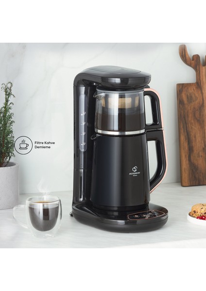 Çaysever Robotea 3 in 1 Konuşan Otomatik Çay Makinesi Su Isıtıcı, Filtre Kahve Demleme Makinesi 2500W Rosegold