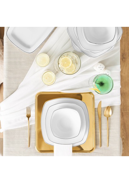Roman Platinium Square Shape Kayıklı 27 Parça 6 Kişilik Porselen Yemek Takımı