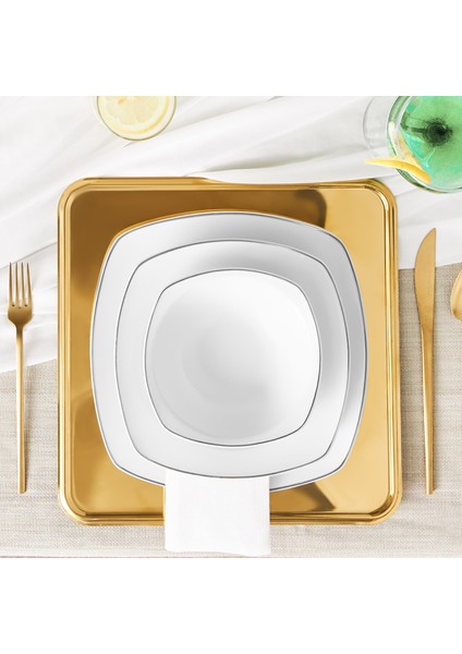 Roman Platinium Square Shape Kayıklı 27 Parça 6 Kişilik Porselen Yemek Takımı