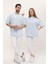 Kadın Erkek Oversize Açık Mavi Bol Kalıp Basic T-Shirt 2