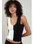Beyaz-siyah Iki Renkli Kadın Spor Askılı V Yaka Yığma Desen Triko Atlet Crop Top Bluz SFYZ1004 3