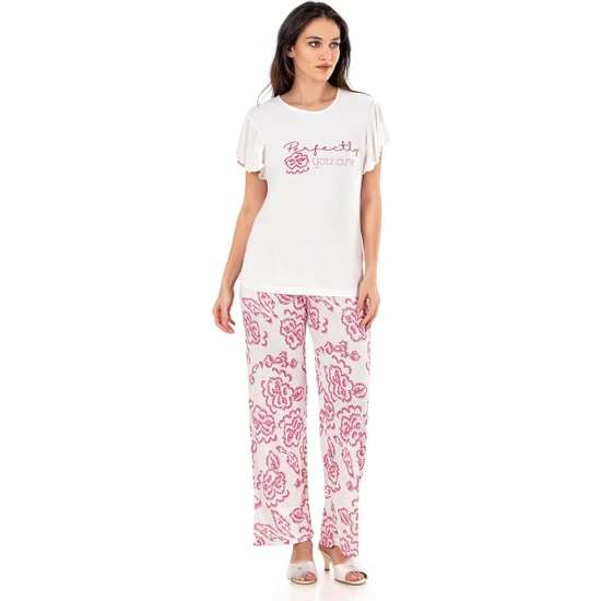 Flz Kadın Yazlık Moda Pamuk Kısa Kol Perfectly Baskılı Pijama Takımı Homewear Flz 88-42