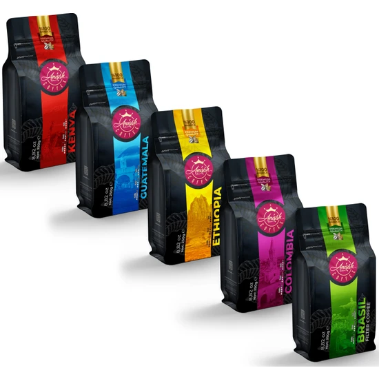 Anisah Coffee Dünya Filtre Kahve Seti 5 x 250 gr - 5'li Paket  Çekirdek (Öğütülmemiş)