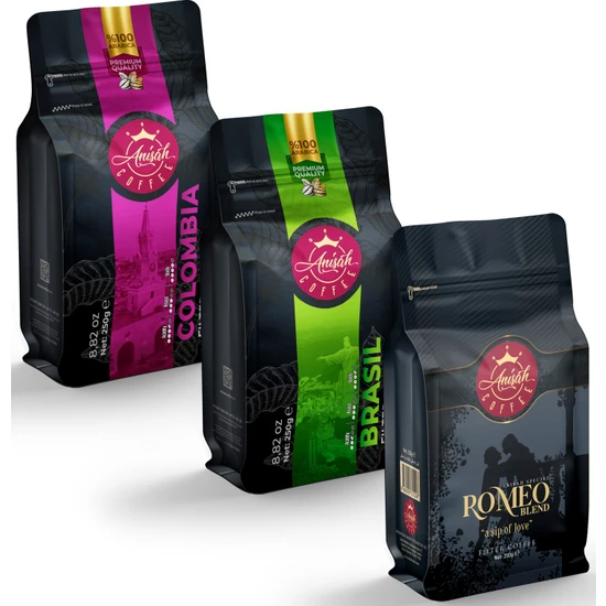Anisah Coffee Öğütülmüş Filtre Kahve Seti Romeo - Brasil - Colombia 3 x 250 gr