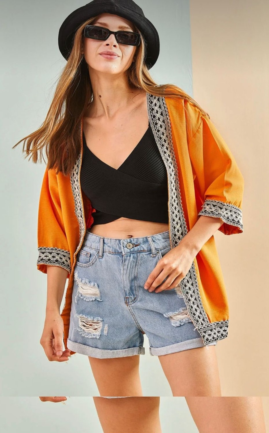 Escbutik Kadın Nakışlı Şerit Desenli Keten Kimono