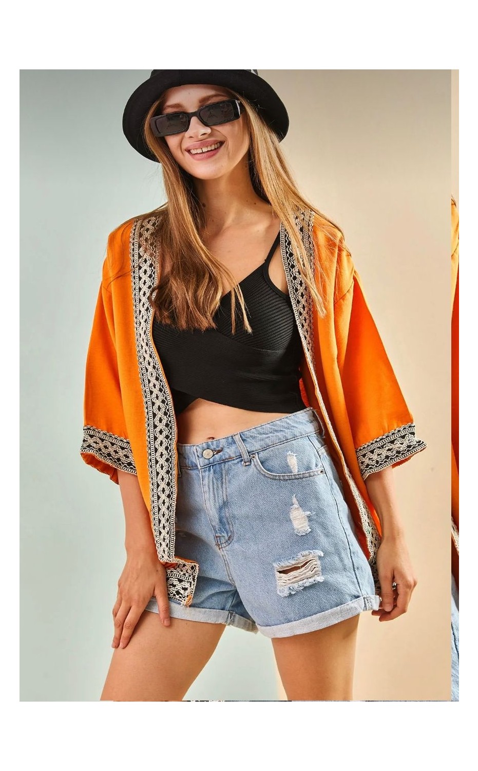 Escbutik Kadın Nakışlı Şerit Desenli Keten Kimono görsel 2