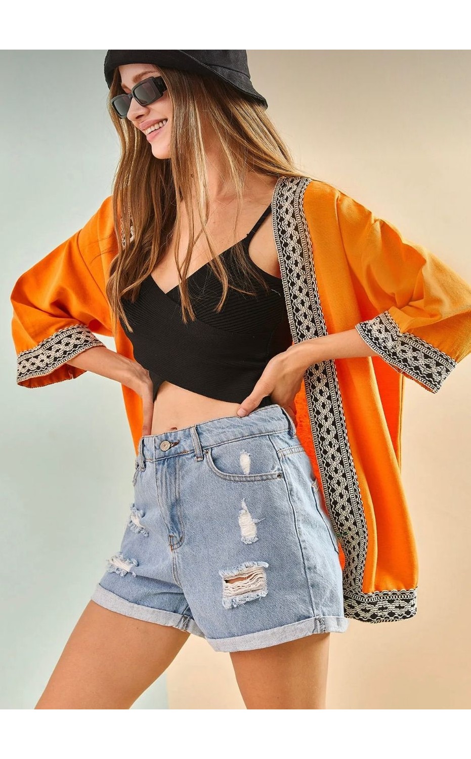 Escbutik Kadın Nakışlı Şerit Desenli Keten Kimono görsel 3