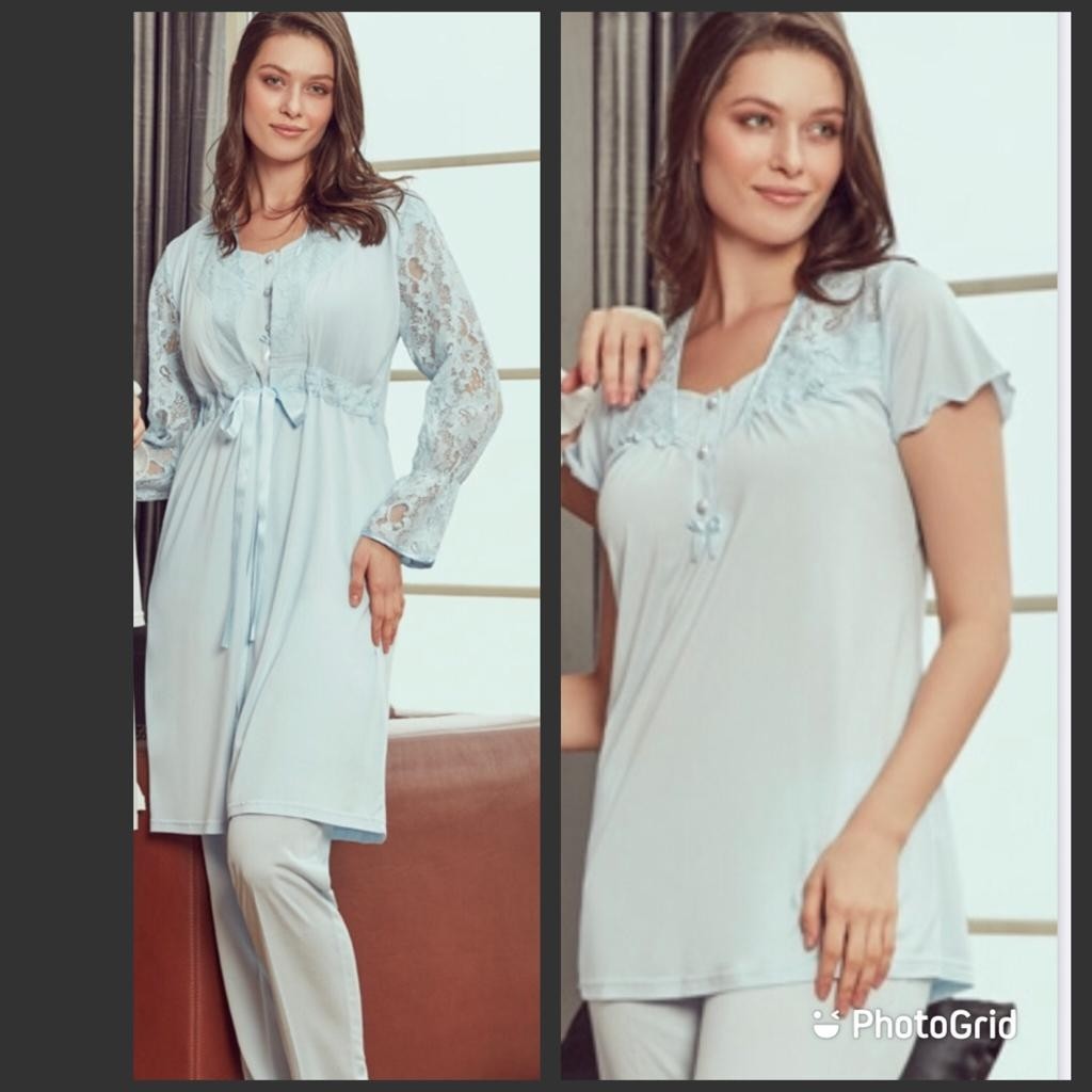Bone Club 4902 Mavi Hamile Lohusa 3 Lü Dantel Kollu Pijama Sabahlık