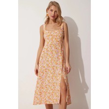 Hazelin Kadın  Sarı Oranj Kare Yaka Çiçekli Yazlık Viskon Elbise HZL23S-BD122821