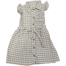 İrem Çocuk Giyim Kız Çocuk Yakalı Beli Kuşaklı Gofre Elbise