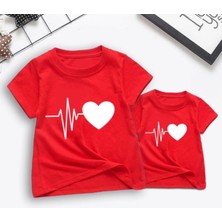 Kids Face Özel Tasarım Bisiklet Yaka Kalp Atışı Baskılı %100 Pamuk Anne-Çocuk Kombini T-Shırt