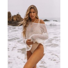 AQE FASHION File Detaylı Yırtmaçlı Bikini Üstü Kolları Valonlu Uzun Kol Pareo Triko Bluz