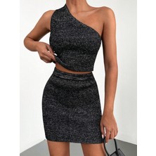 AQE FASHION Simli Tek Omuz Açık Kolsuz Etekli Ikili Siyah Takım
