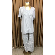 Nena NENA-24084-Kadın Kısa Kollu Önden Açık Robalı Yakasız Pijama Takımı-Gri