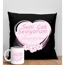 Bk Gift Anneler Günü Tasarımlı Siyah Kırlent Yastık ve Kupa Seti, Anneye Hediye, Ev Dekorasyonu, Anneler Günü Hediyesi-1