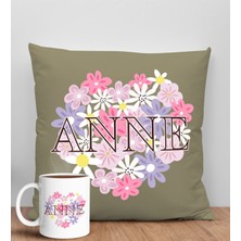 Bk Gift Anneler Günü Tasarımlı Haki Kırlent Yastık ve Kupa Seti, Anneye Hediye, Ev Dekorasyonu