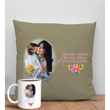 Bk Gift Kişiye Özel Fotoğraflı Anneler Günü Tasarımlı Haki Kırlent Yastık ve Kupa Seti, Anneye Hediye, Ev Dekorasyonu, Anneler Günü Hediyesi-1