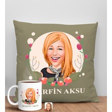 Bk Gift Kişiye Özel Karikatürlü Anneler Günü Tasarımlı Haki Kırlent Yastık ve Kupa Seti, Anneye Hediye, Ev Dekorasyonu, Anneler Günü Hediyesi-1