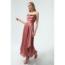 Lafaba Kadın Somon Volanlı Yırtmaçlı Saten Midi Boy Abiye & Mezuniyet Elbisesi