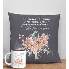 Bk Gift Kişiye Özel Isimli Anneler Günü Tasarımlı Antrasit Kırlent Yastık ve Kupa Seti, Anneye Hediye, Ev Dekorasyonu, Anneler Günü Hediyesi-9