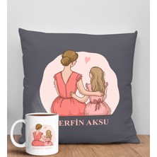 Bk Gift Kişiye Özel Isimli Anneler Günü Tasarımlı Antrasit Kırlent Yastık ve Kupa Seti, Anneye Hediye, Ev Dekorasyonu, Anneler Günü Hediyesi-5