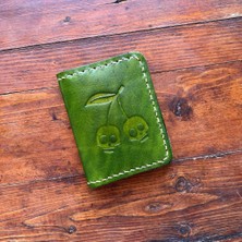 Atolyeff El Yapımı Kuru Kafa Kiraz Desenli Hakiki Deri Yeşil Kartlık Cüzdan