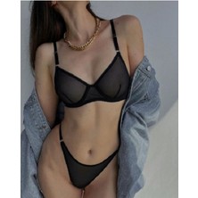 La Linaa Kadın Siyah Tül Tanga Sütyen Takım Hafif Destekli ve Balenli Konforlu Tasarım