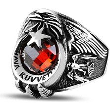 Gumush Gümüş Ayyıldız Hava Kuvvetleri Kırmızı Taşlı Erkek Yüzük