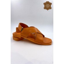 Melen Shoes PureSole Hakiki Deri Turuncu Küt Burun Sandalet