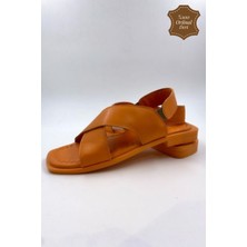 Melen Shoes PureSole Hakiki Deri Turuncu Küt Burun Sandalet